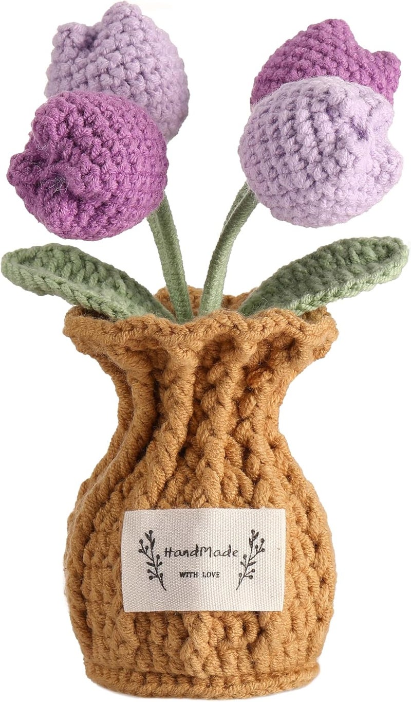 YOOJEE Christmas Crochet Flower Pot Stocking Stuffers Basket Gifts Coworker Birthday Wedding Handmade Knitted Purple Tulip Potted Plant for Mom Women Sister Teacher Home Holiday Cute Desk Decor - Image 1